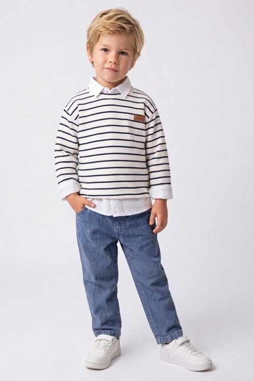 Erkek Çocuk Çizgili Süeterli, Gömlekli, Jeans Pantolonlu 3 Parça Takım M00870