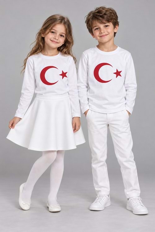 Türk Bayrağı Baskılı 23 Nisan Tören Tişörtü - Çocuk Uzun Kollu Pamuklu Penye M00876