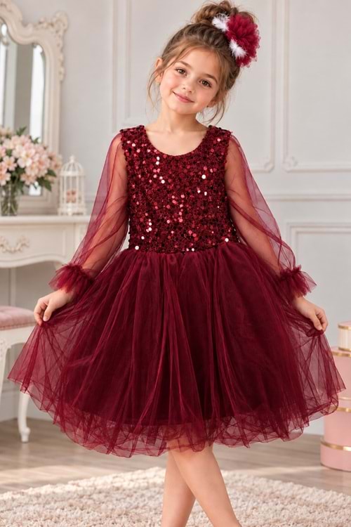 Pul Payet Tüllü Kız Çocuk Elbise MNK0285