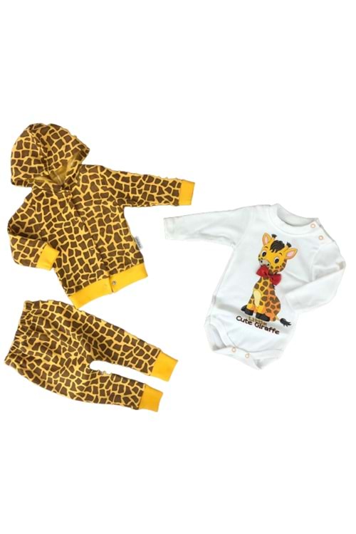 Zürafa Desen Penye Pantolon , Hırka, Badili 3lü Bebek Takım MNK0366