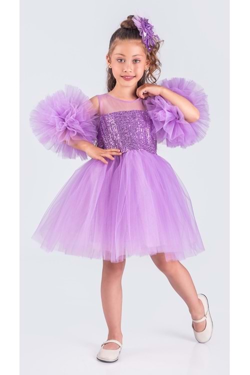 Şifon Robalı Ponpon Kol Pul Payetli Kız Çocuk Kabarık Etek Tütülü Abiye