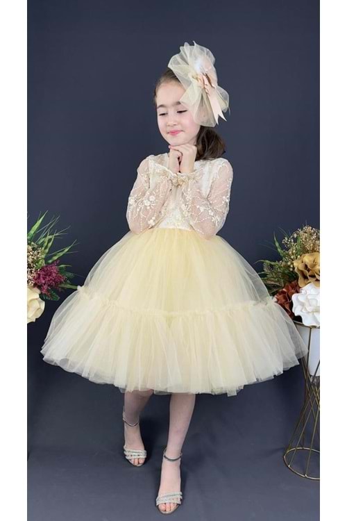 Uzun Kol Güpürlü Tokalı Vintage Abiye Elbise MNK0472