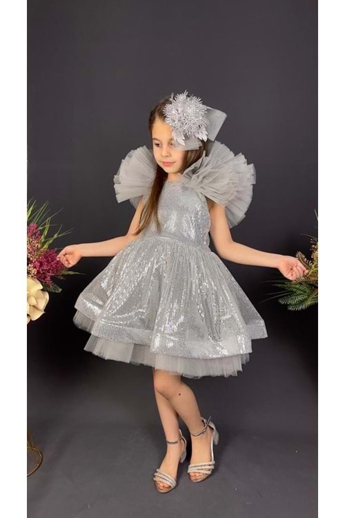 Tavus Kol Payetli Kumaş Kız Çocuk Elbise MNK0537