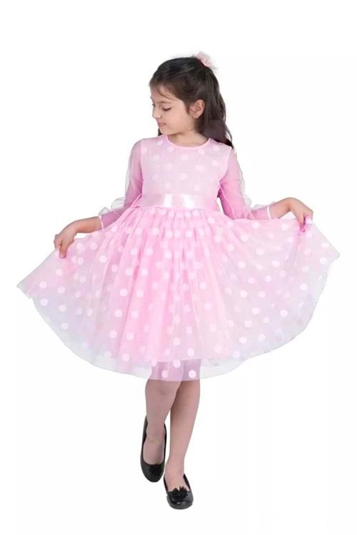 Prenses İri Puanlı Tokalı Dantel Kumaş Kız Çocuk Elbise MNK0547