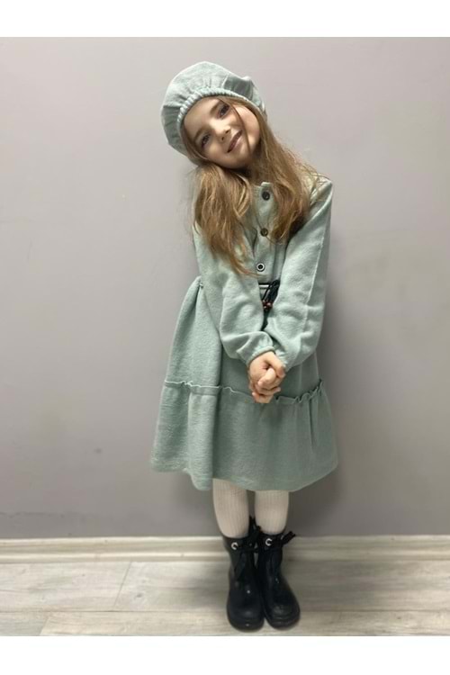 Kaşe Kumaş Şapkalı Kız Çocuk Elbise MNK0559