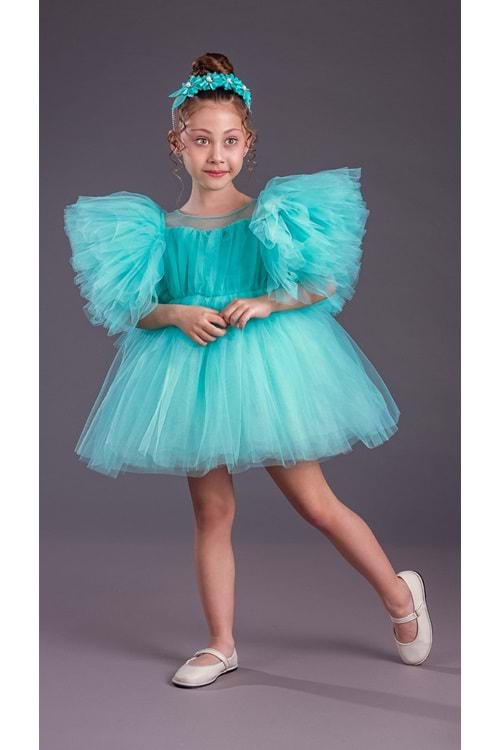 Tütü Etekli Kabarık Kollu Komotini Taçlı Kız Çocuk Abiye Elbise MNK0582