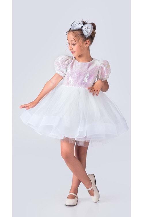 Tütü Gren Etekli Kız Çocuk Pul Payetli Kısa Kol Kikidi Elbise MNK0601