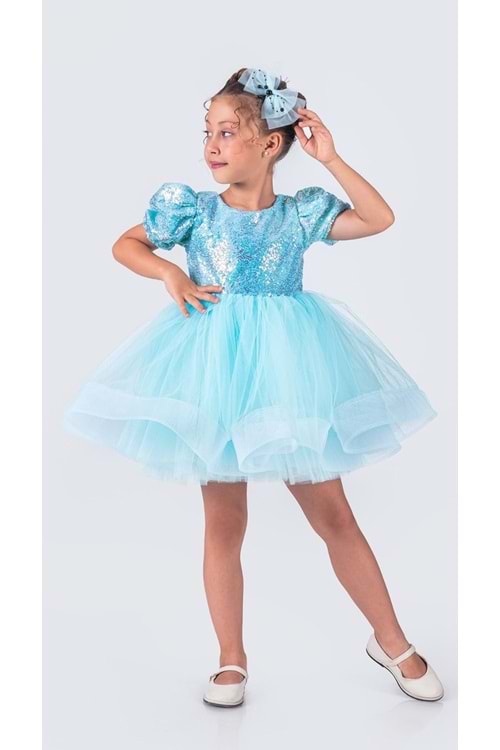 Tütü Gren Etekli Kız Çocuk Pul Payetli Kısa Kol Kikidi Elbise MNK0601