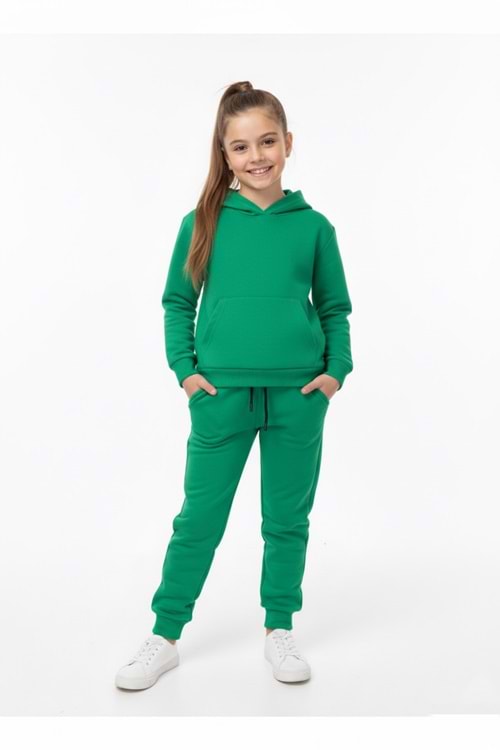 Basic Düz Kanguru Cepli Kapüşonlu Çocuk Eşofman MNK0611