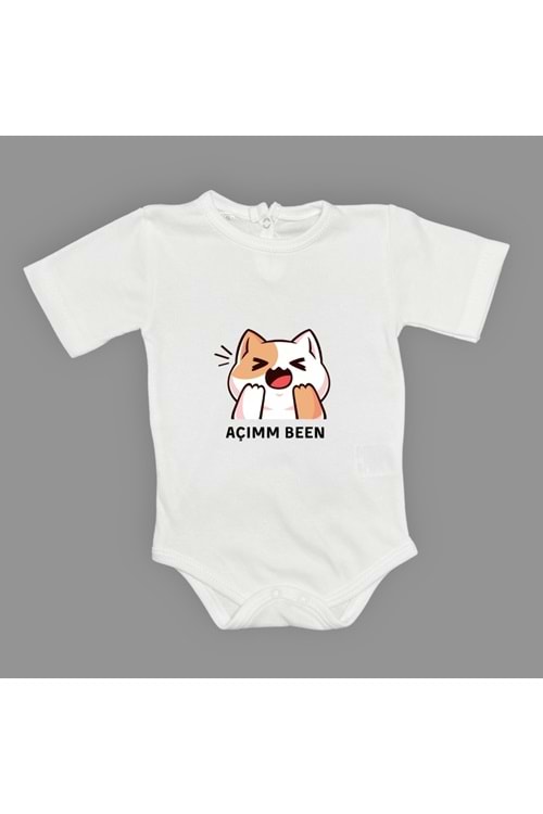 Açım Ben Kedi Baskılı Bebek Kısa Kol Body Zıbın Çıtçıtlı Badi MNK0631
