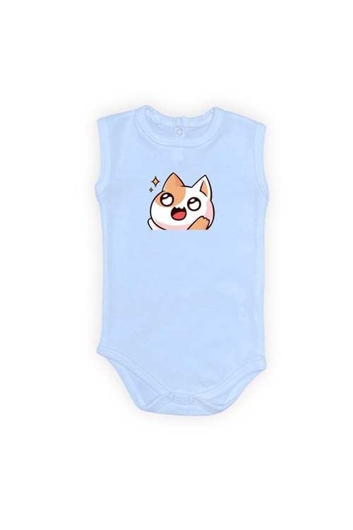 Gözleri Parlayan Kedi Baskılı Bebek Body Zıbın Çıtçıtlı Badi