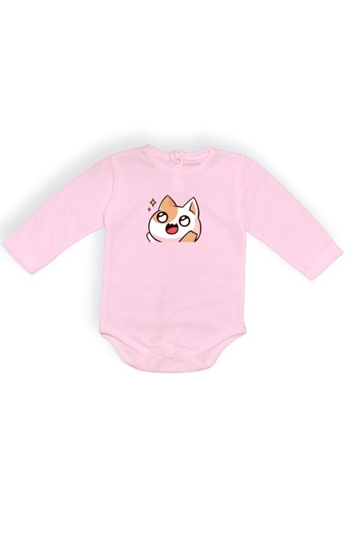 Gözleri Parlayan Kedi Baskılı Bebek Body Zıbın Çıtçıtlı Badi