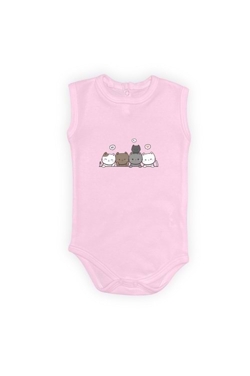 Sevimli Kediler Baskılı Bebek Body Zıbın Çıtçıtlı Badi