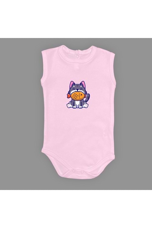 Baskılı Balıklı Kedi Bebek Çıtçıtlı Body - MNK0658-AÇIK PEMBE-1 YAŞ
