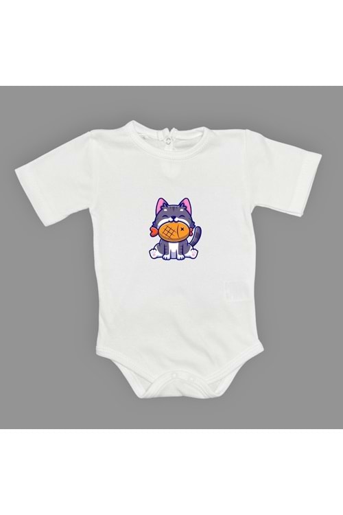 Baskılı Balıklı Kedi Bebek Çıtçıtlı Body - MNK0658-BEYAZ-1 YAŞ