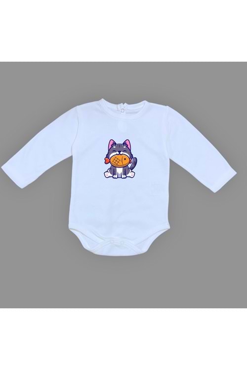 Baskılı Balıklı Kedi Bebek Çıtçıtlı Body - MNK0658-MAVİ-1 YAŞ