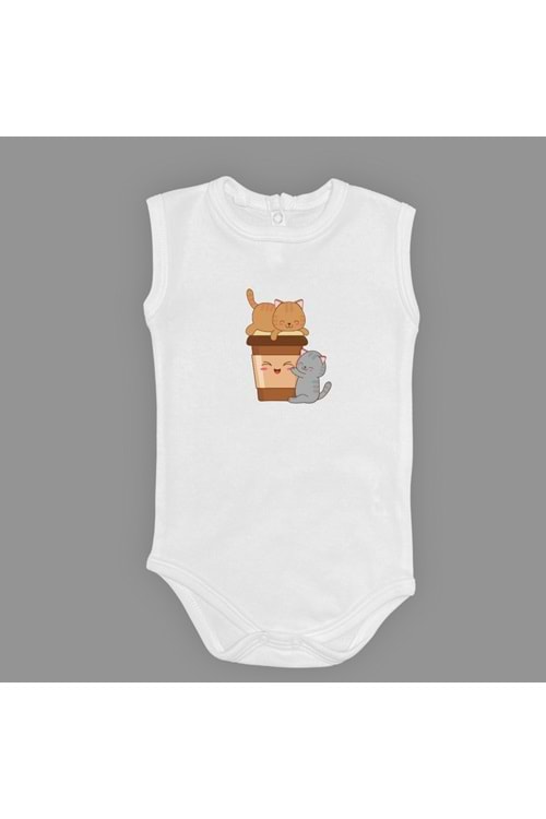 Baskılı Kahve Seven Kediler Bebek Çıtçıtlı Body - MNK0659-AÇIK EKRU-1 YAŞ