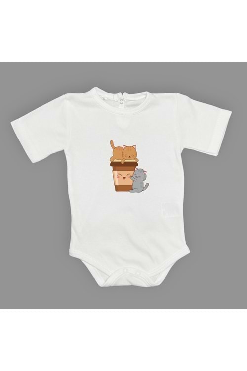 Baskılı Kahve Seven Kediler Bebek Çıtçıtlı Body - MNK0659-BEYAZ-1 YAŞ
