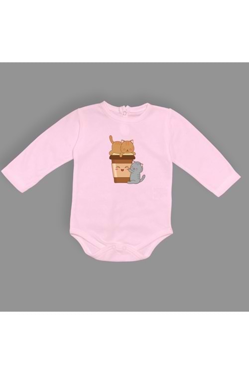 Baskılı Kahve Seven Kediler Bebek Çıtçıtlı Body - MNK0659-PEMBE-1 YAŞ