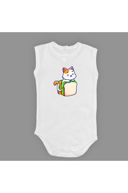 Baskılı Tost Kedi Bebek Çıtçıtlı Body - MNK0660-AÇIK EKRU-6 AY