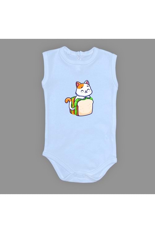 Baskılı Tost Kedi Bebek Çıtçıtlı Body - MNK0660-AÇIK MAVİ-6 AY