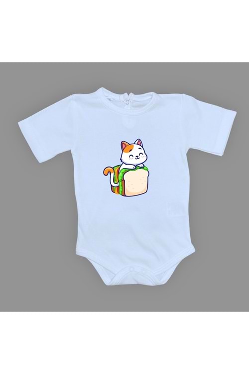 Baskılı Tost Kedi Bebek Çıtçıtlı Body - MNK0660-BEBE MAVİ-6 AY