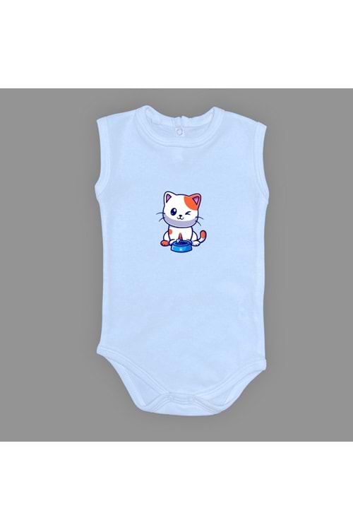 Baskılı Mama Yiyen kedi Bebek Çıtçıtlı Body - MNK0661-AÇIK MAVİ-6 AY