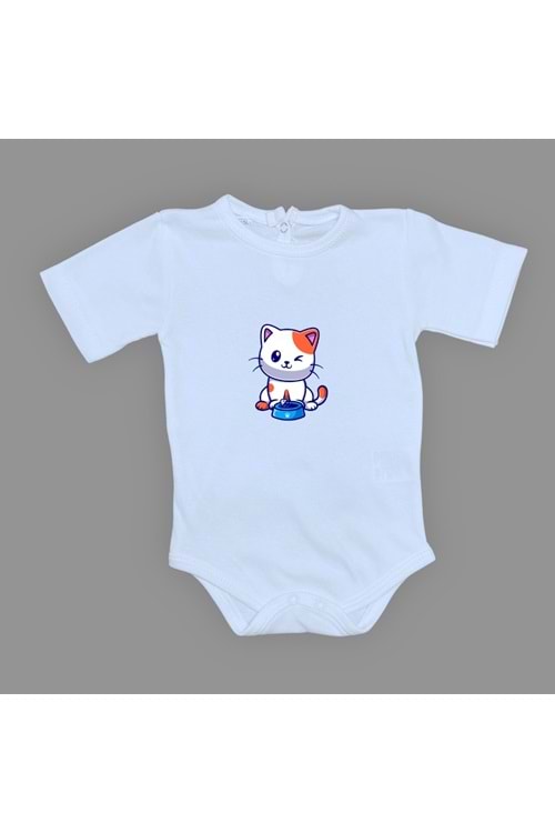 Baskılı Mama Yiyen kedi Bebek Çıtçıtlı Body - MNK0661-BEBE MAVİ-6 AY