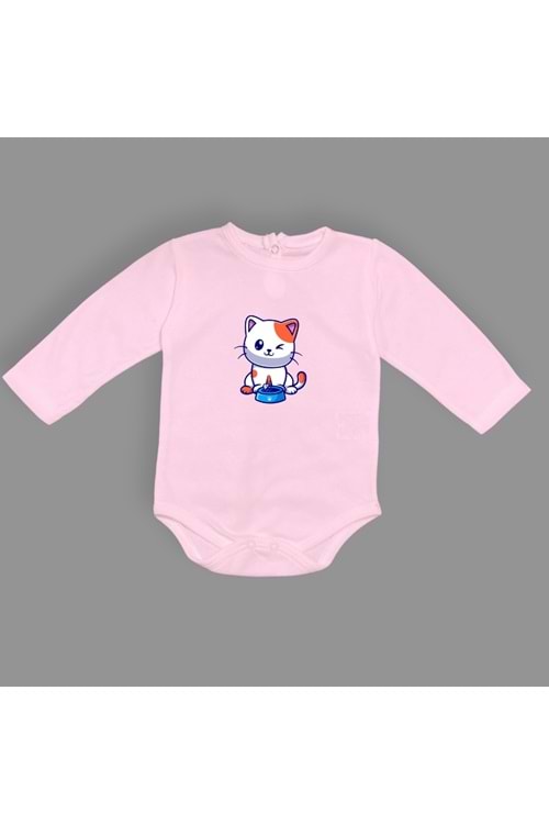 Baskılı Mama Yiyen kedi Bebek Çıtçıtlı Body - MNK0661-PEMBE-6 AY