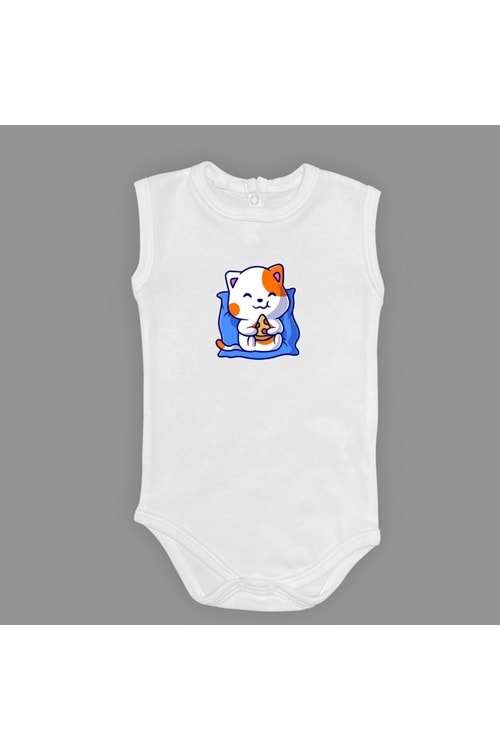 Baskılı Pizza Yiyen kedi Bebek Çıtçıtlı Body - MNK0662-AÇIK EKRU-6 AY