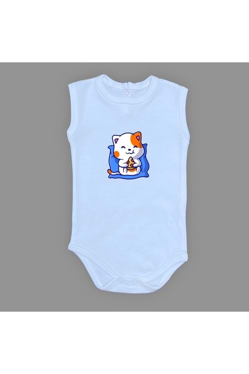 Baskılı Pizza Yiyen kedi Bebek Çıtçıtlı Body - MNK0662-AÇIK MAVİ-6 AY