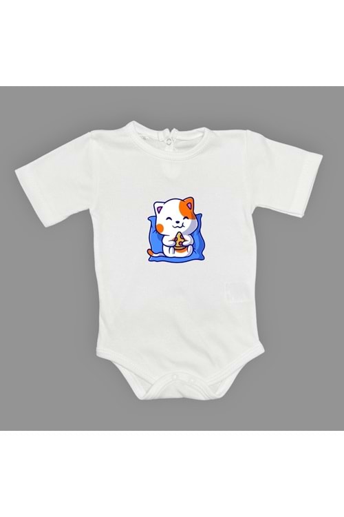 Baskılı Pizza Yiyen kedi Bebek Çıtçıtlı Body - MNK0662-BEYAZ-6 AY