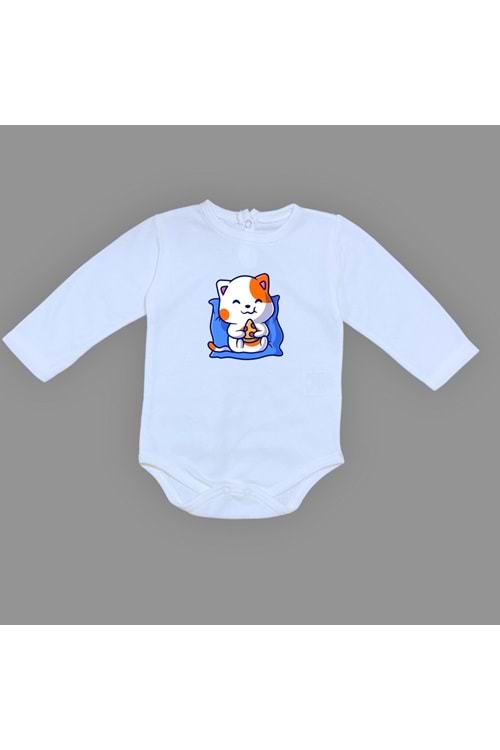 Baskılı Pizza Yiyen kedi Bebek Çıtçıtlı Body - MNK0662-MAVİ-6 AY