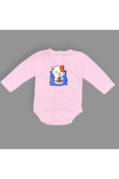 Baskılı Pizza Yiyen kedi Bebek Çıtçıtlı Body - MNK0662-PEMBE-6 AY