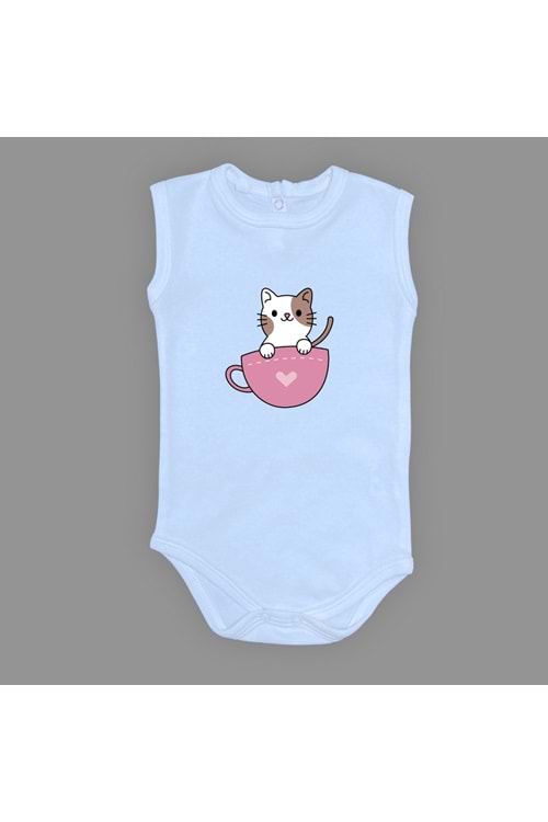Baskılı Kalpli Fincan Kedi Bebek Çıtçıtlı Body - MNK0663-AÇIK MAVİ-6 AY