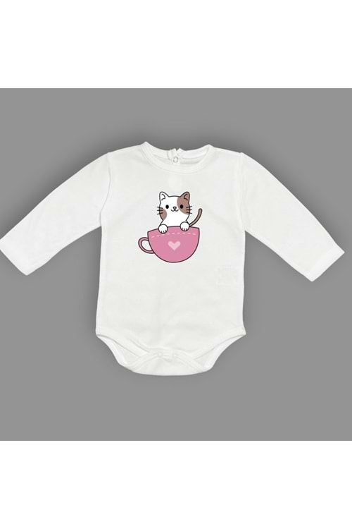 Baskılı Kalpli Fincan Kedi Bebek Çıtçıtlı Body - MNK0663-EKRU-6 AY