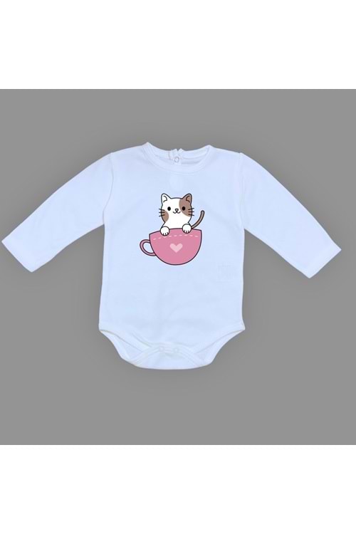 Baskılı Kalpli Fincan Kedi Bebek Çıtçıtlı Body - MNK0663-MAVİ-6 AY