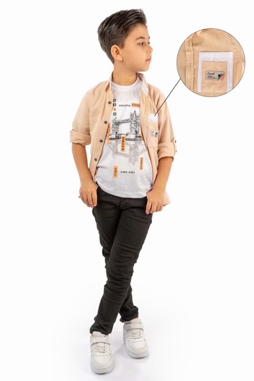 Çift Cepli Gömlek , Pantolon , T-Shirt 3Parça Pamuklu Erkek Çocuk Takım MNK965
