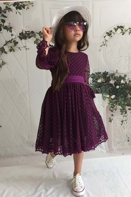Mürdüm Renk 4 Yaş Şapkalı Dantelli Kız Çocuk Elbise