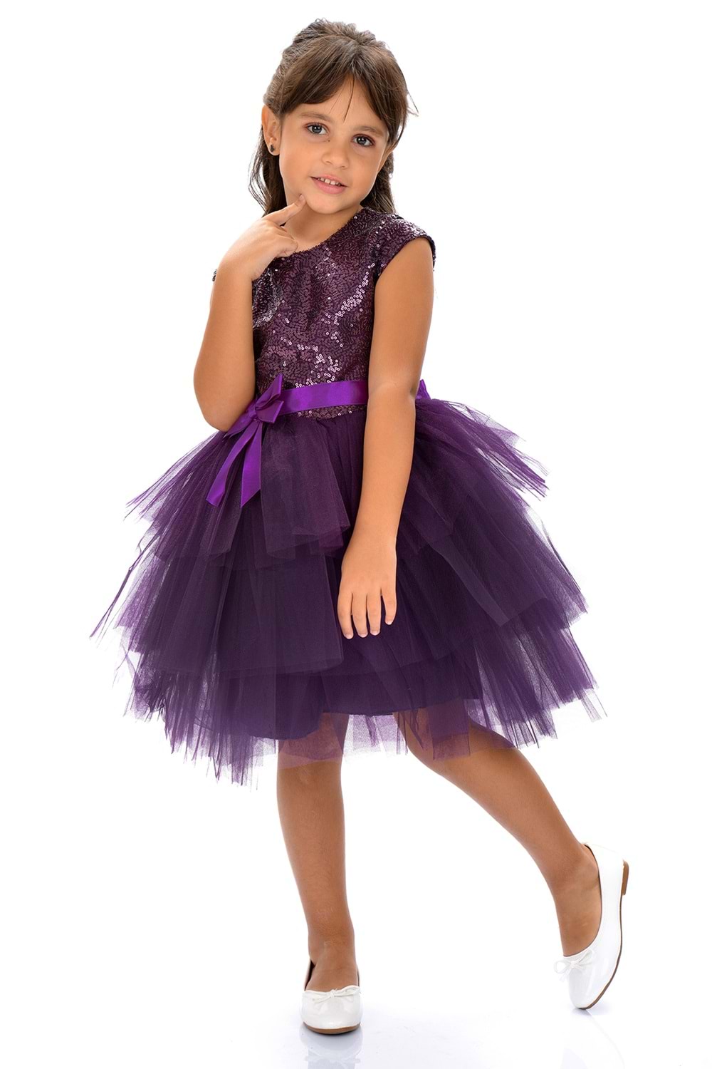 Mnk Mürdüm Kız Çocuk Pullu Tüllü Parti Elbisesi