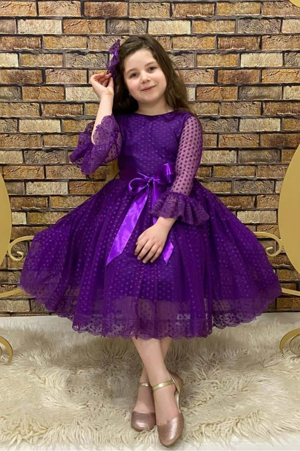 Mor Fransız Dantel Tokalı Kız Çocuk Elbise