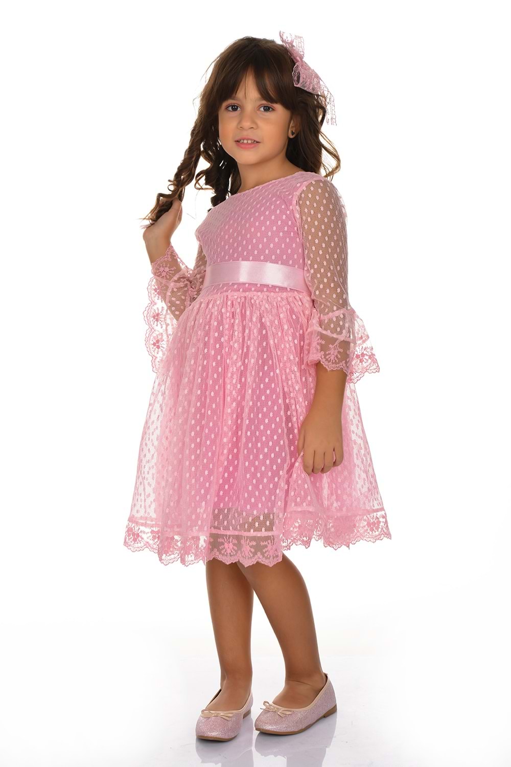 Rengarenk Fransız Dantel Tokalı Kız Çocuk Elbise