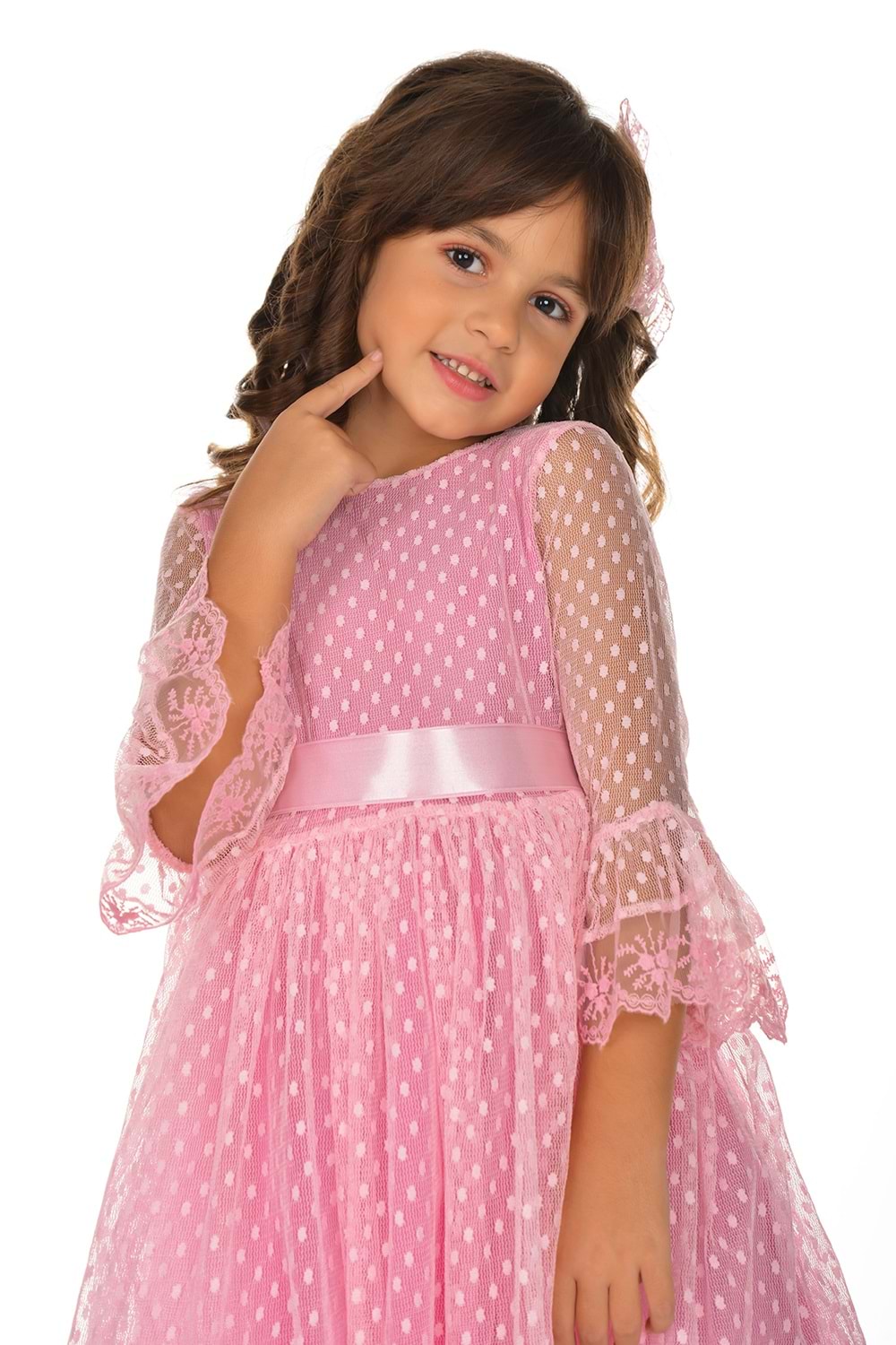 Rengarenk Fransız Dantel Tokalı Kız Çocuk Elbise
