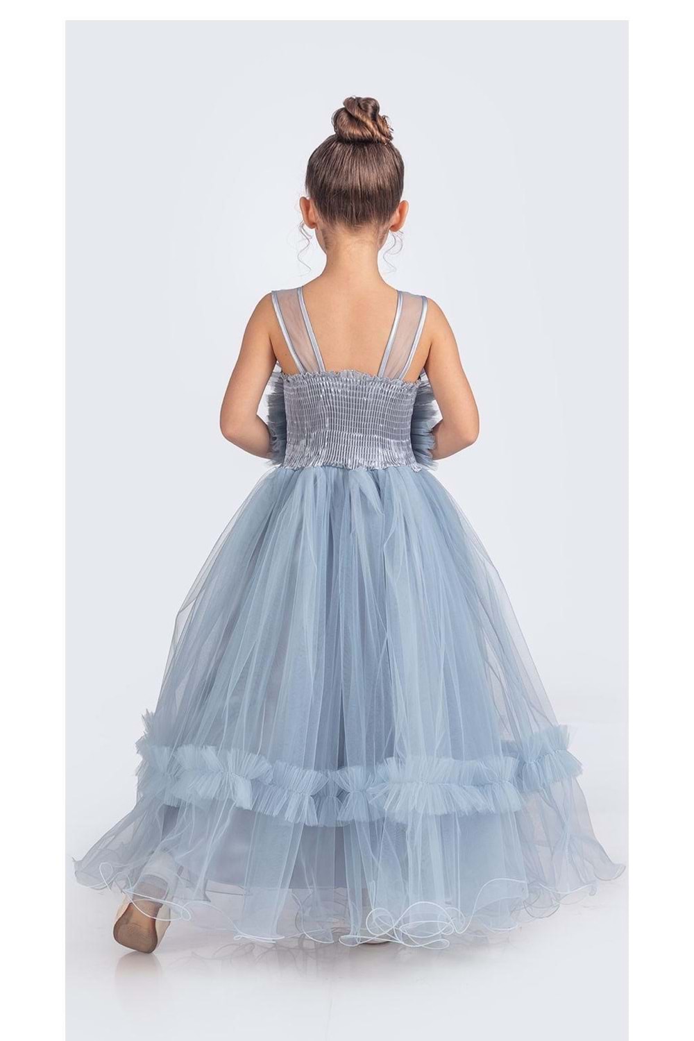 Uzun Etekli , Askılı Kız Cocuk Gül Motif Abiye Elbise M00670