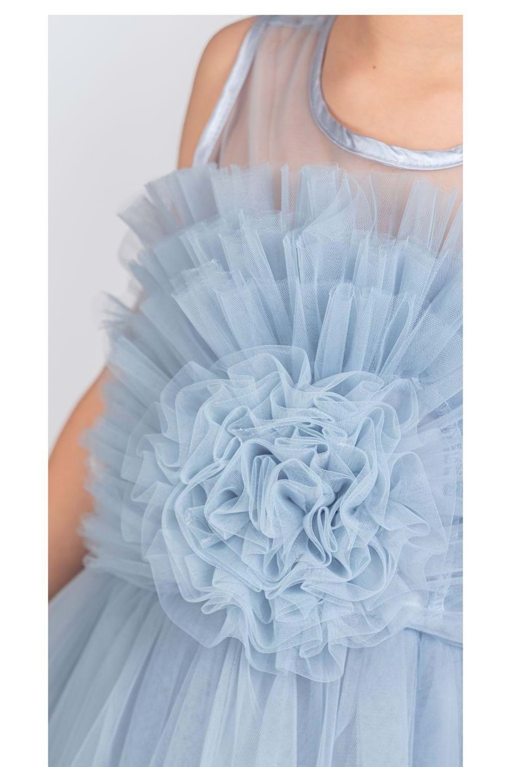 Uzun Etekli , Askılı Kız Cocuk Gül Motif Abiye Elbise M00670