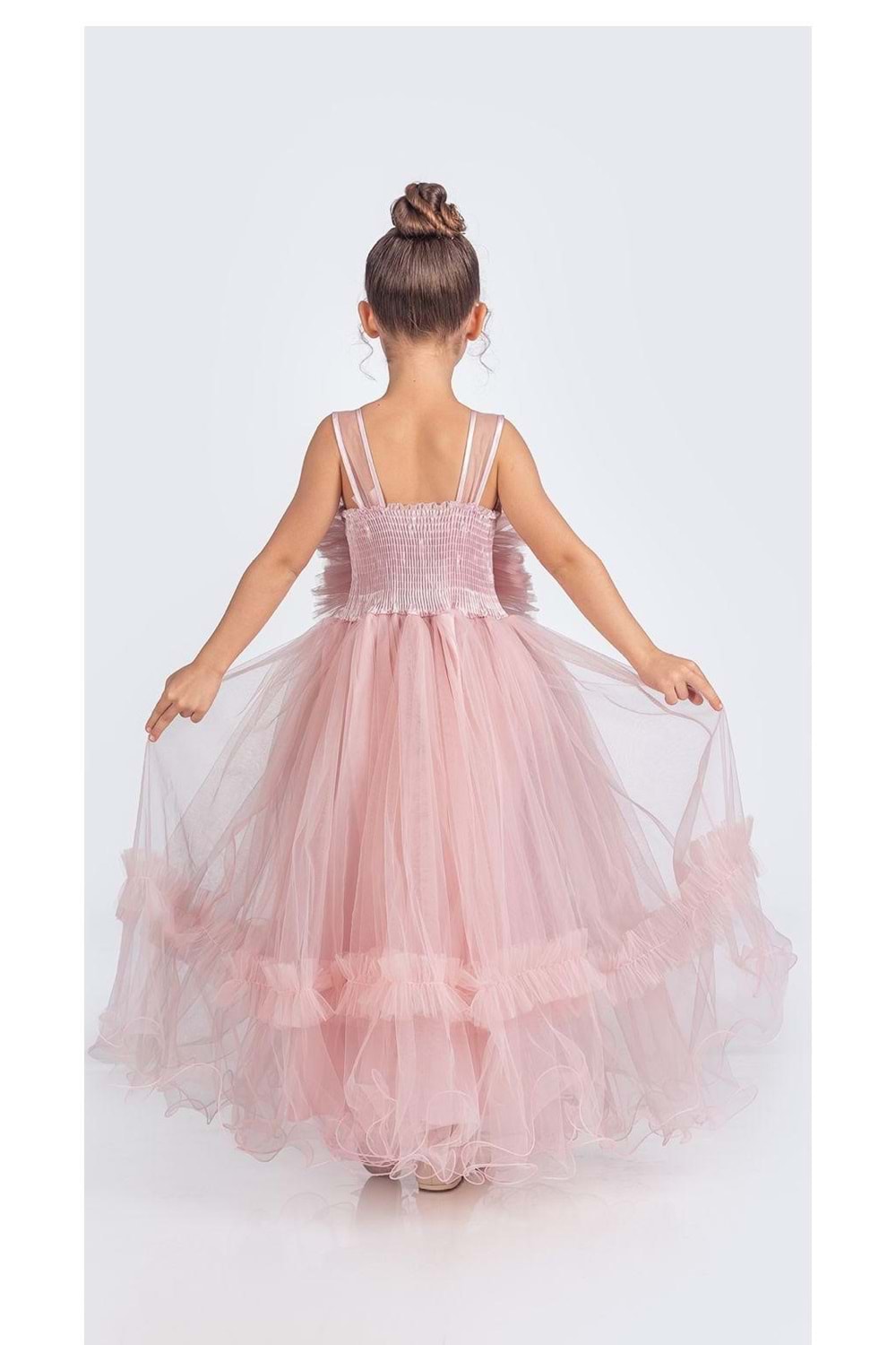 Uzun Etekli , Askılı Kız Cocuk Gül Motif Abiye Elbise M00670