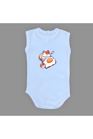 Uyuyan Kedi Baskılı Bebek Çıtçıtlı Body Uzun Kısa Kolsuz