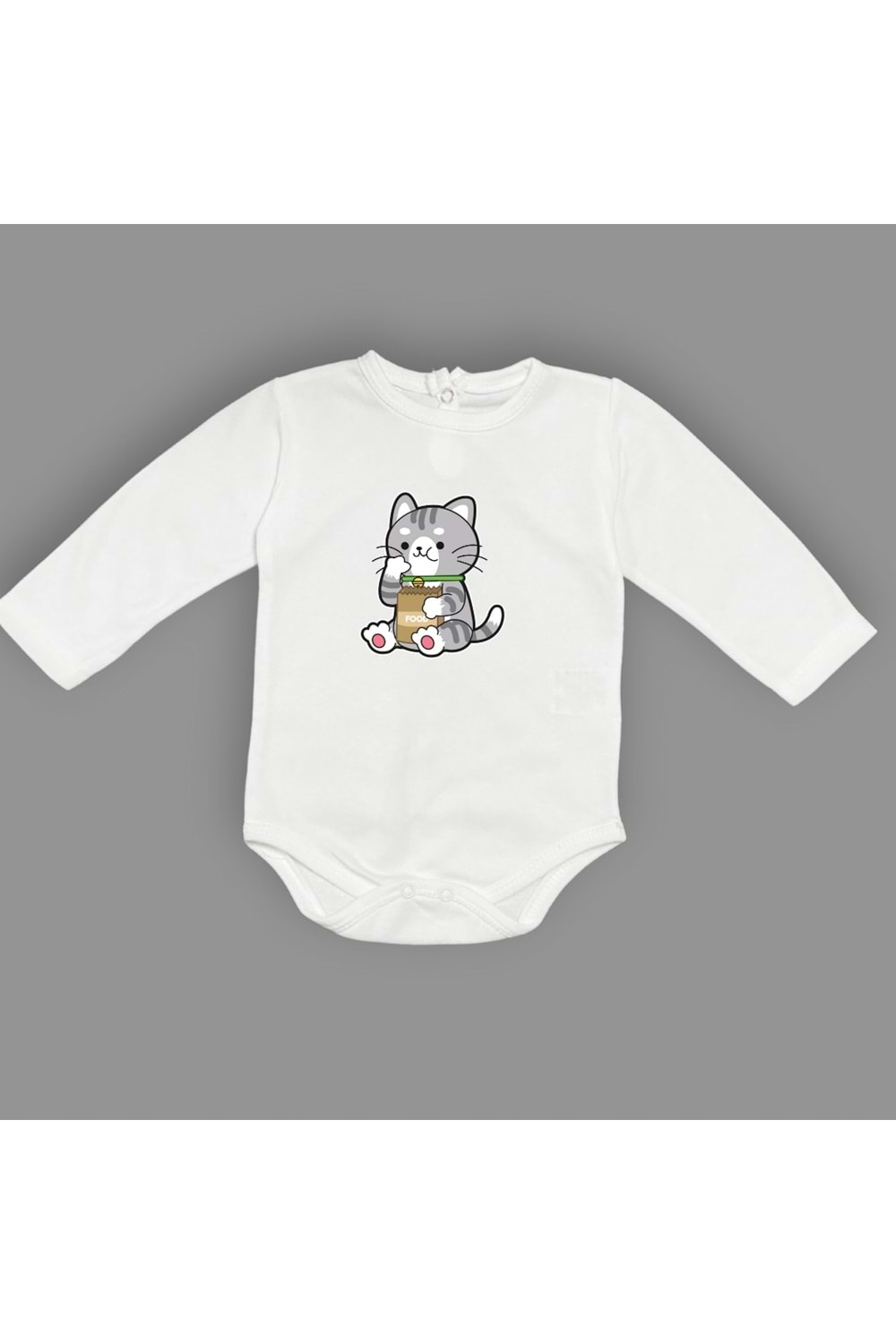 Mama Yiyen Kedi Baskılı Bebek Çıtçıtlı Body Uzun Kısa Kolsuz