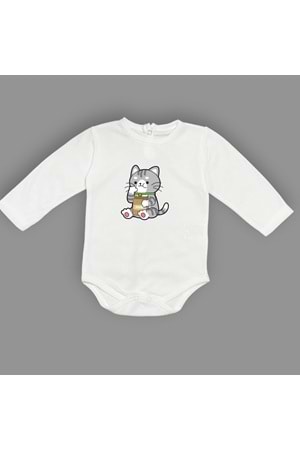 Mama Yiyen Kedi Baskılı Bebek Çıtçıtlı Body Uzun Kısa Kolsuz