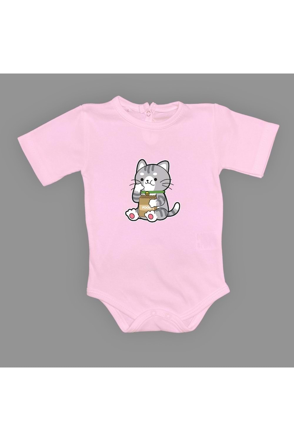 Mama Yiyen Kedi Baskılı Bebek Çıtçıtlı Body Uzun Kısa Kolsuz